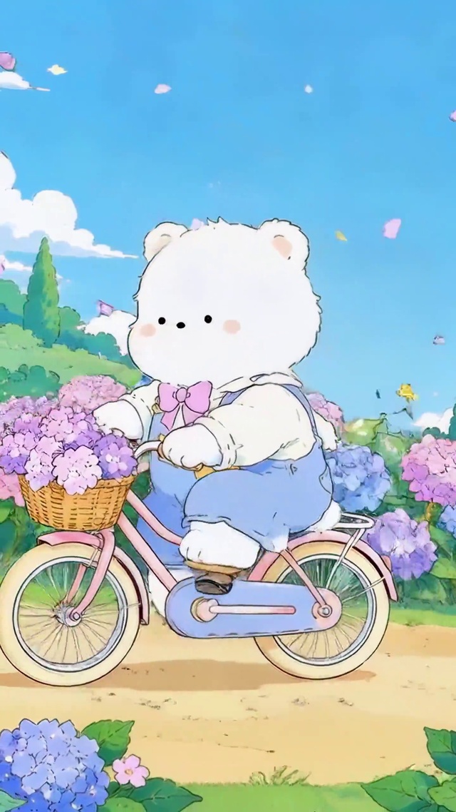 绣球花海里的骑行小熊