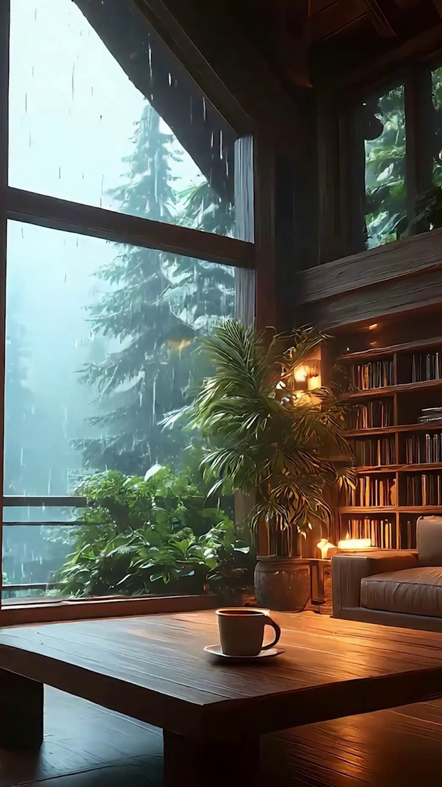 室内窗外雨天绿景