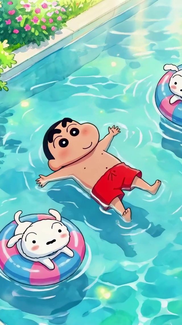 夏天泳池里的小新和妮妮