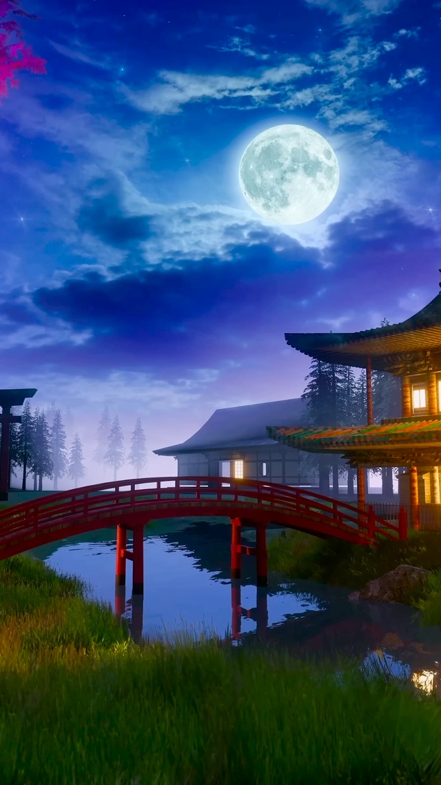 唯美月夜庭院木屋