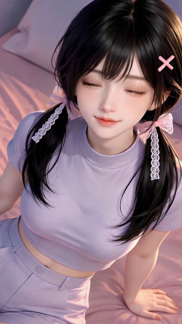 粉色卧室双马尾清纯美女