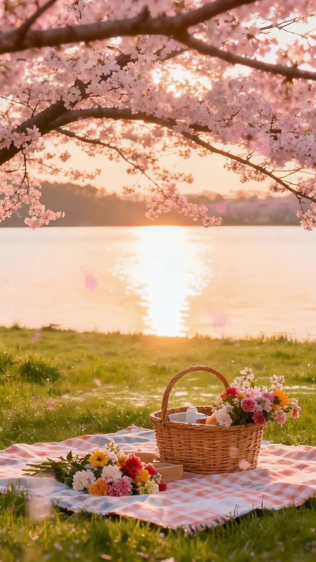 落日樱花湖畔野餐