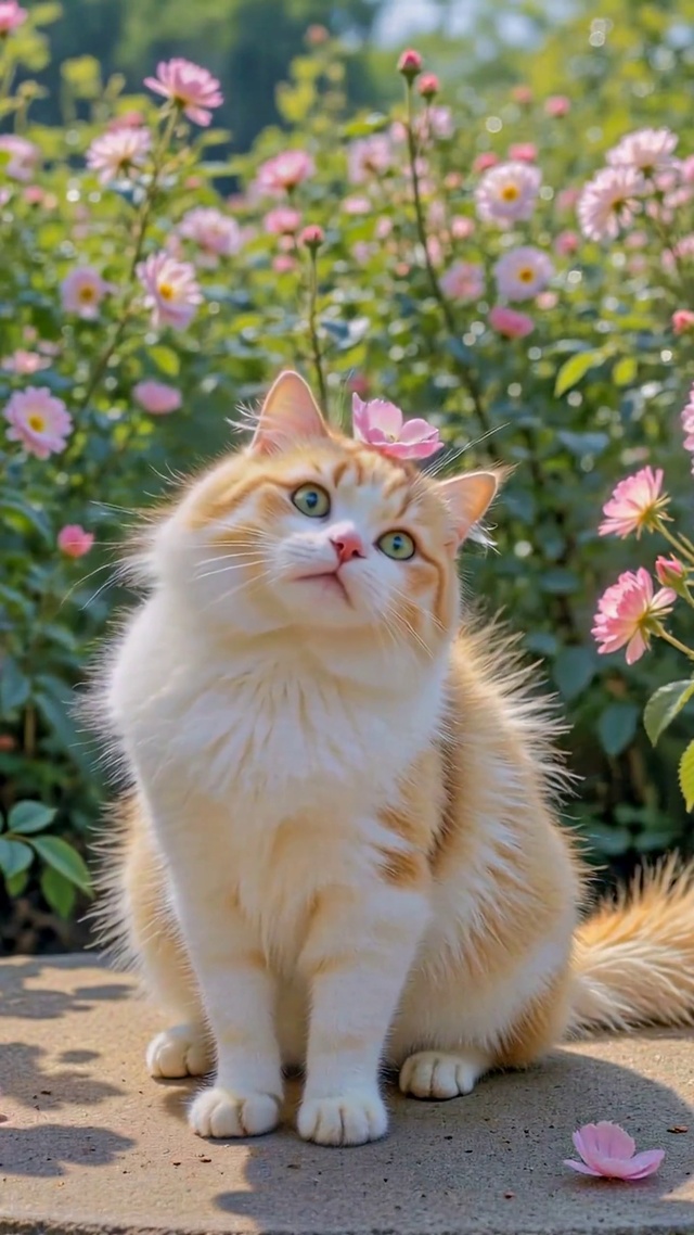 粉色花丛中的治愈可爱橘猫