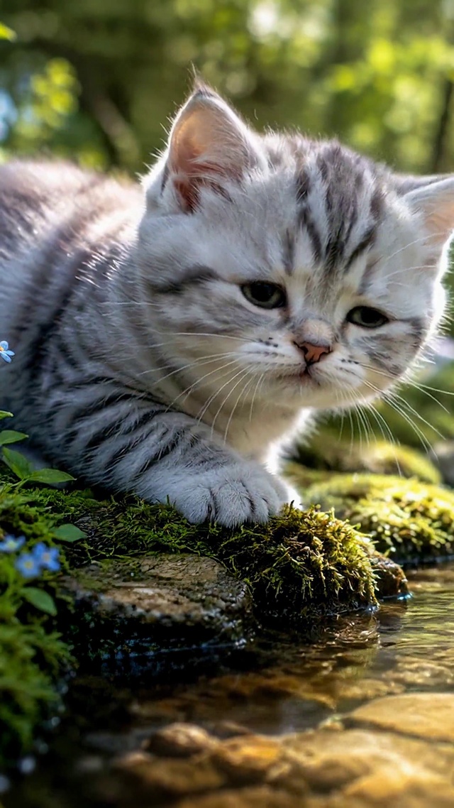 林间溪流可爱小猫