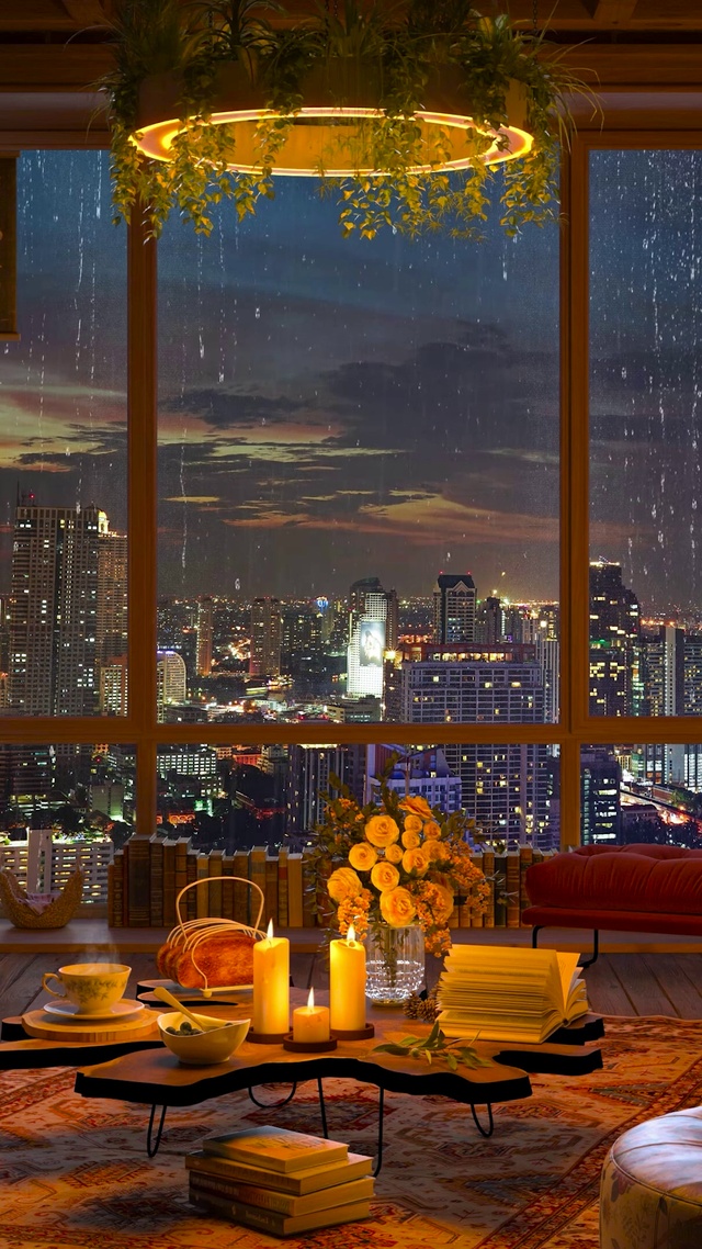 安静雨夜城市房间