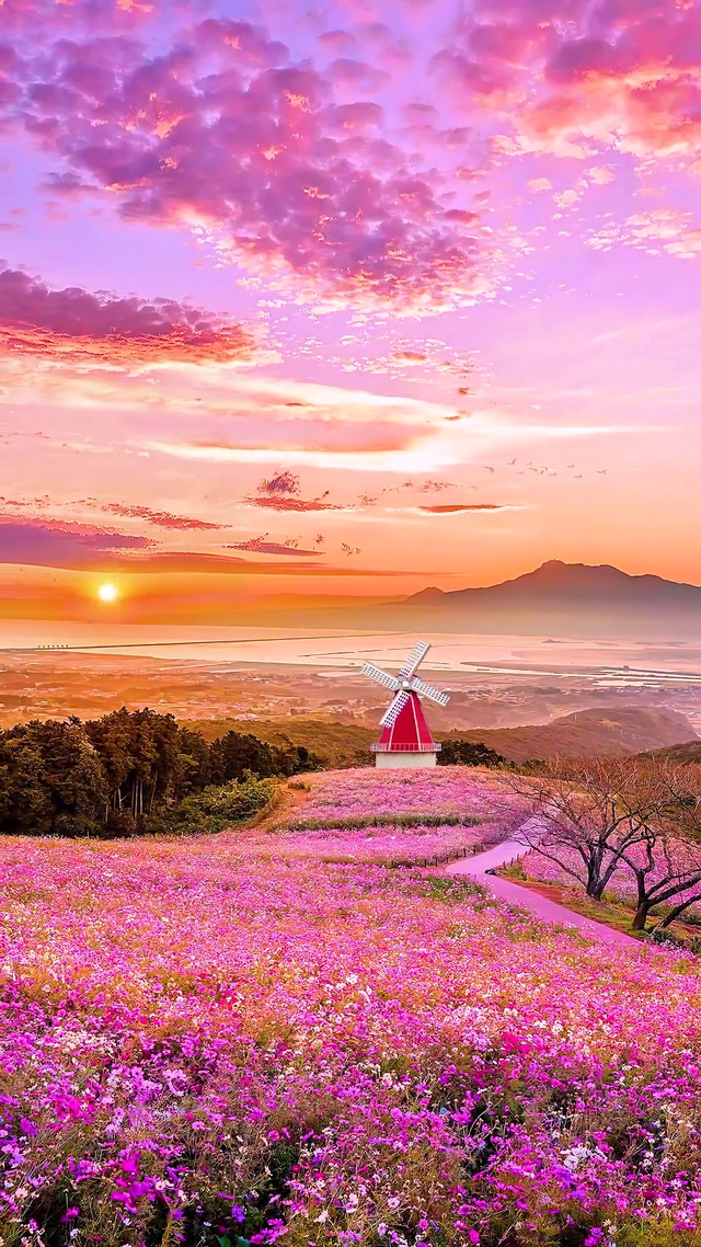 粉色晚霞花海