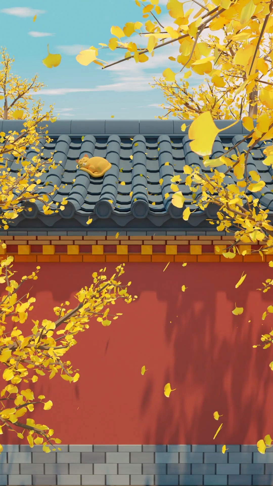 青瓦、红墙、银杏叶和小猫