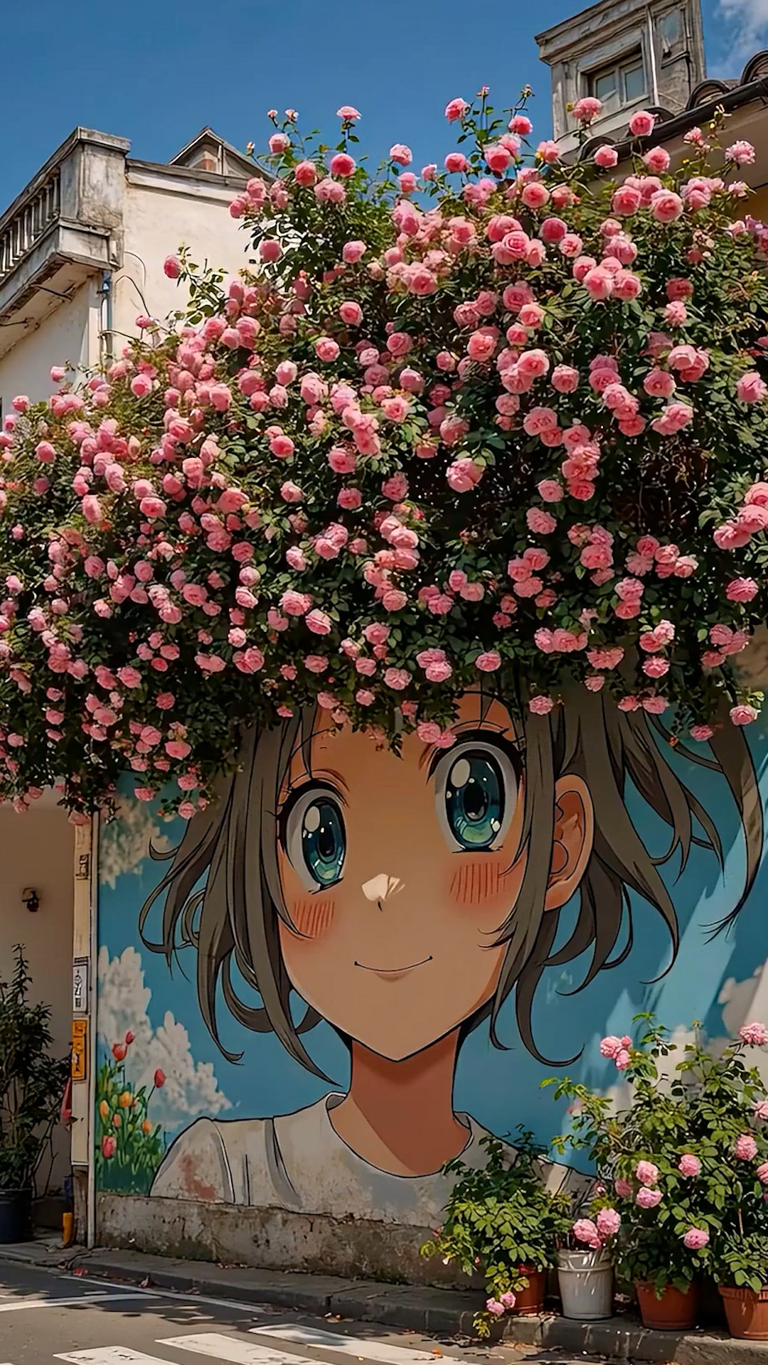 鲜花墙绘女孩