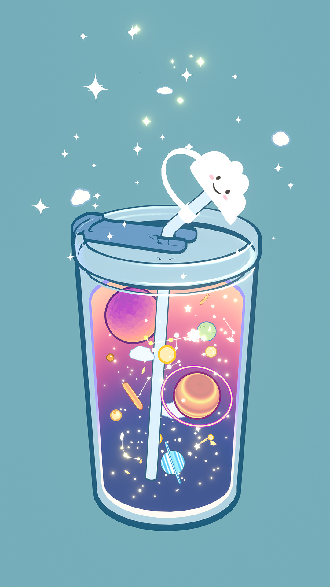 装有星球、月亮和云朵的太空水杯