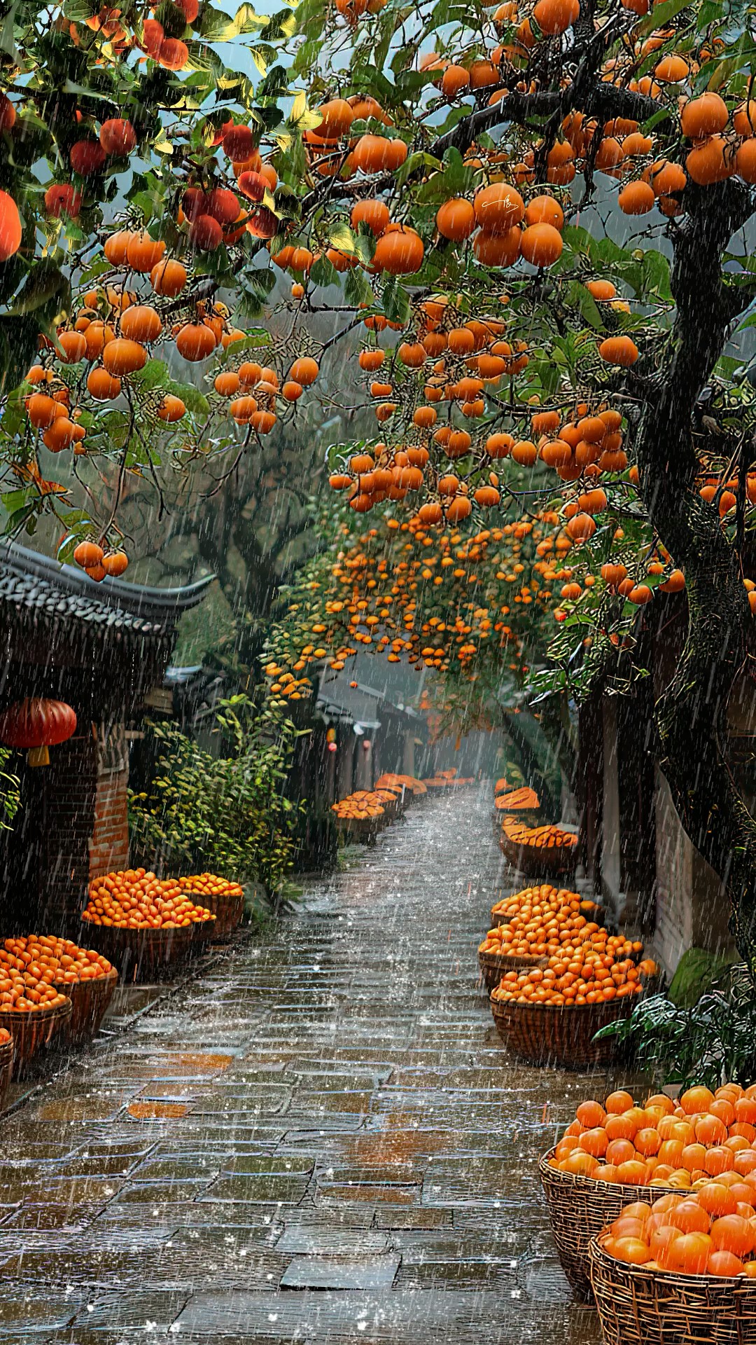 雨天柿子树