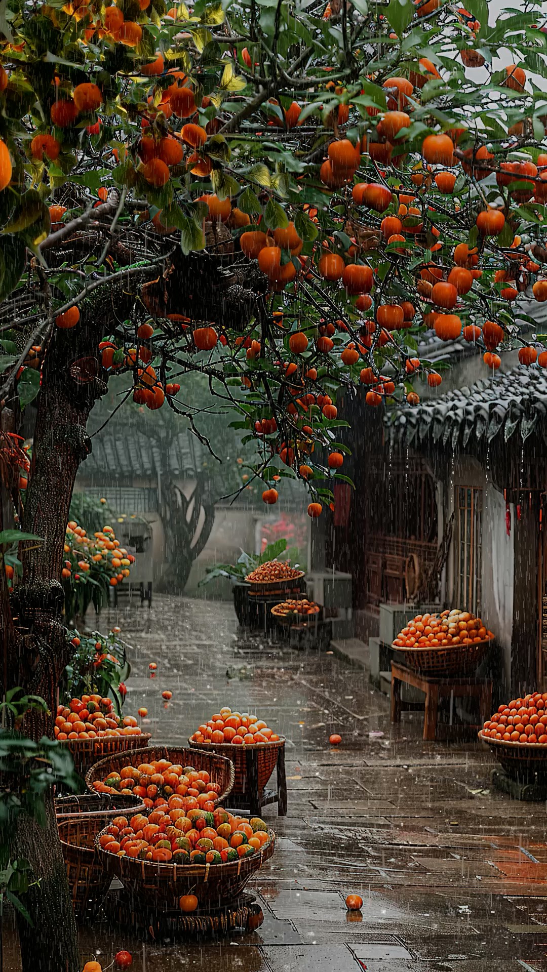 雨天柿子树
