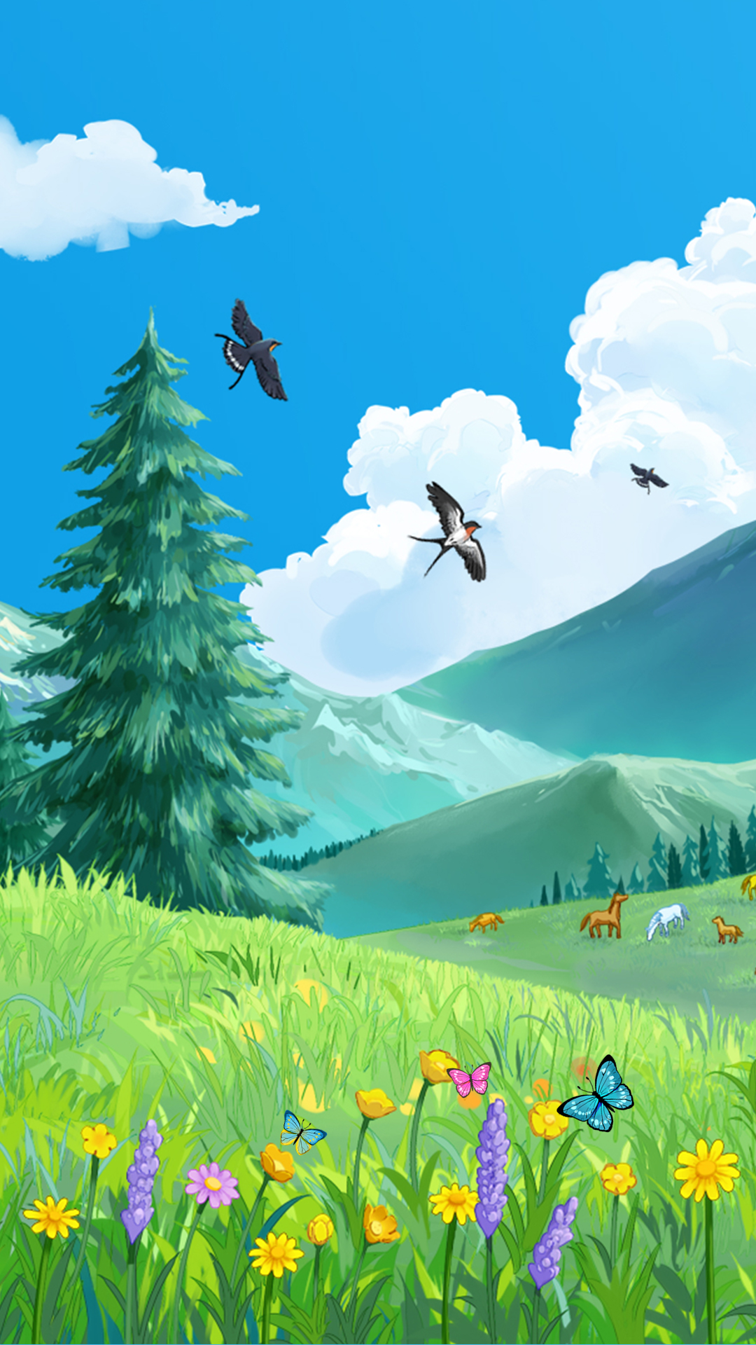 蓝天、白云、草原、森林