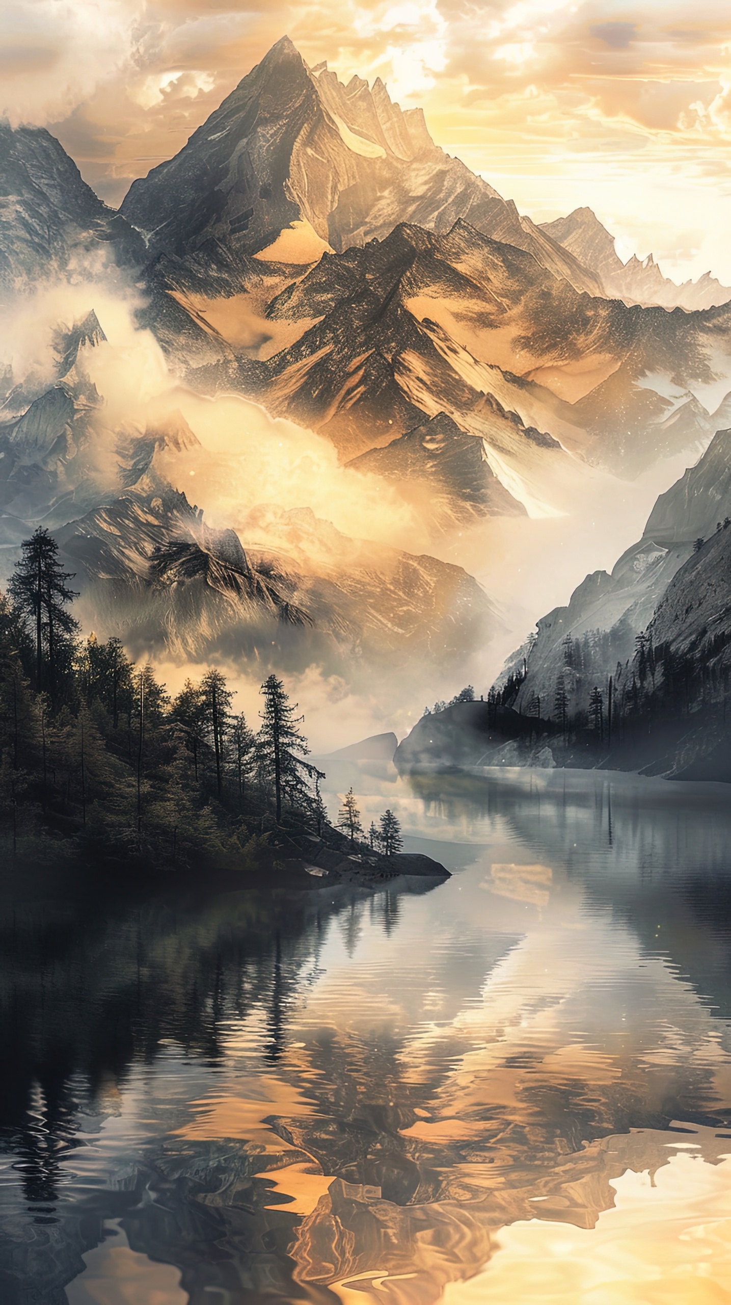清晨雪山湖泊