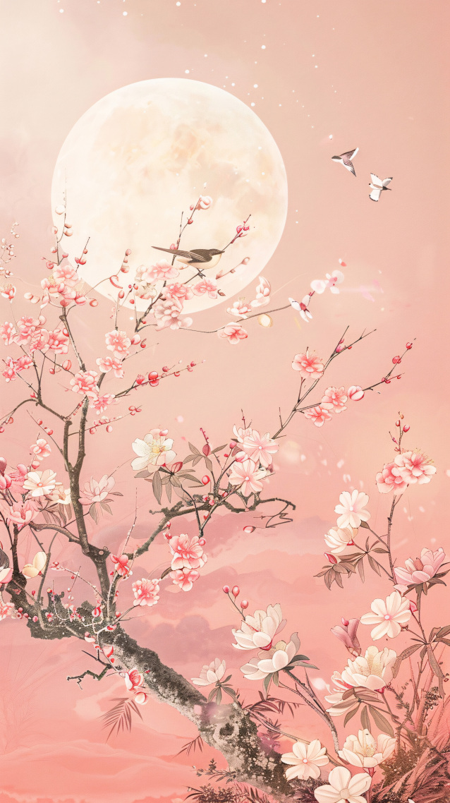 圆月与红梅