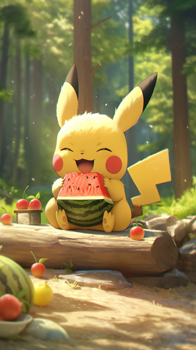 萌萌皮卡丘大口吃西瓜(动漫手机静态壁纸) - 动漫手机壁纸下载 - 元气