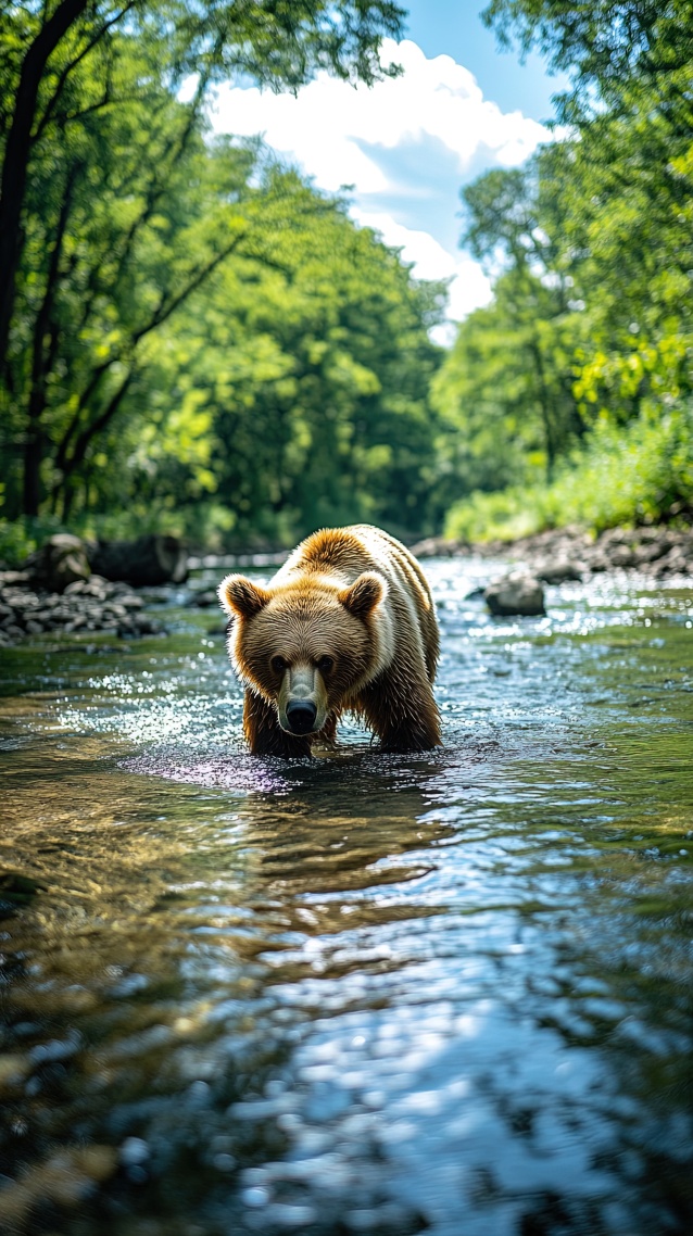 森林溪流棕熊