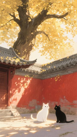红墙下的猫咪