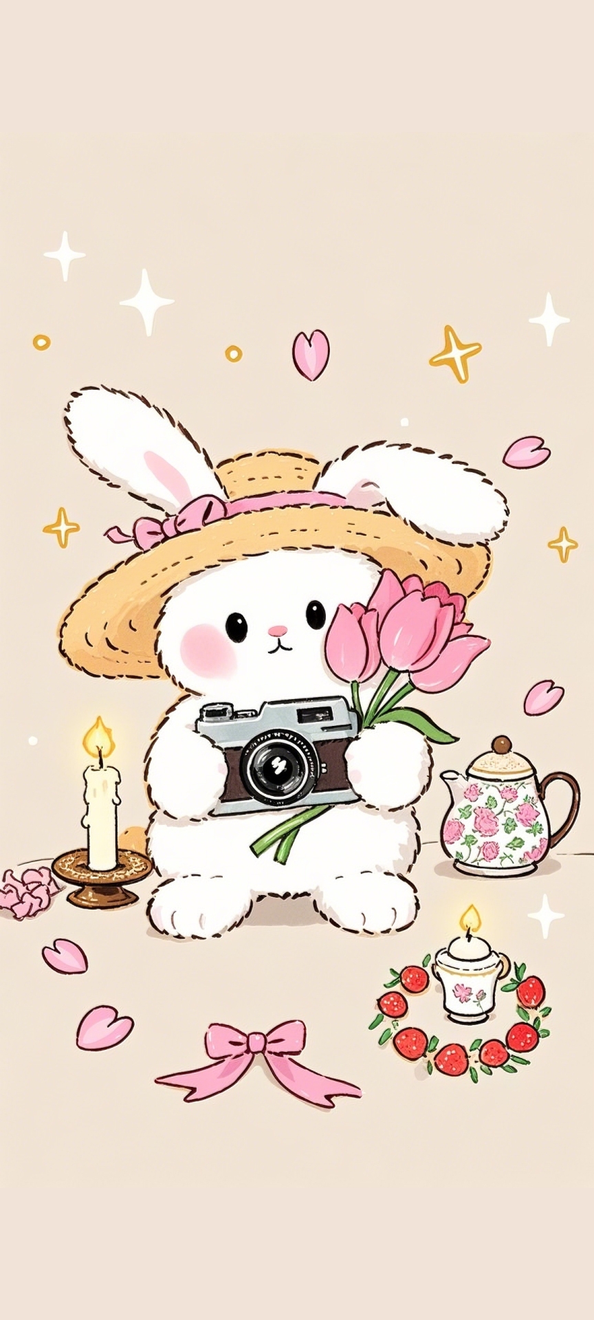萌兔抱花拍相机甜趣