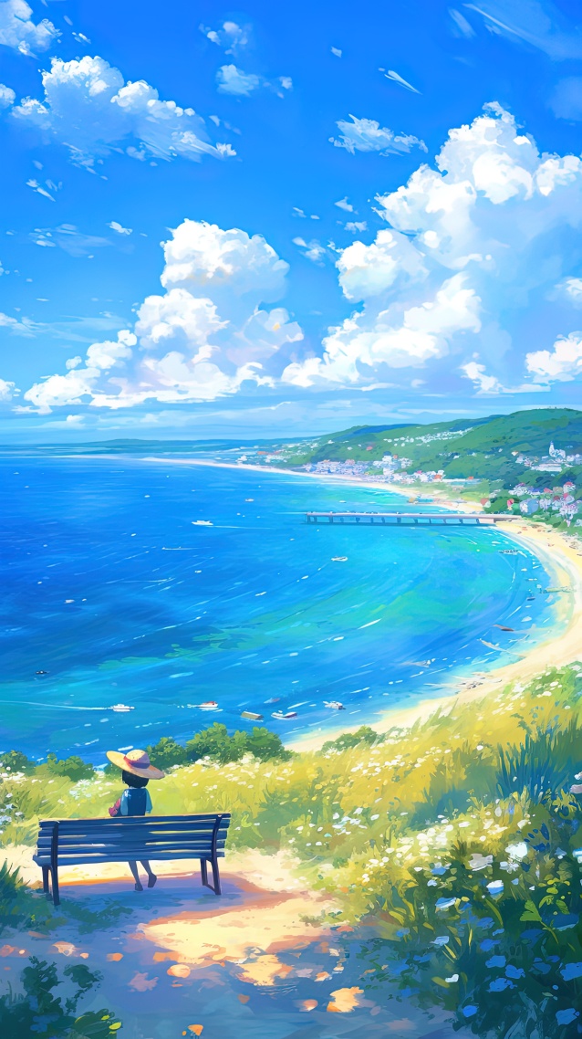 晴天藍色海灣小鎮