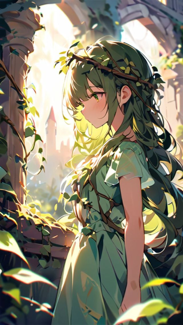 藤蔓缠绕绿色系少女(动漫手机静态壁纸) - 动漫手机壁纸下载 - 元气
