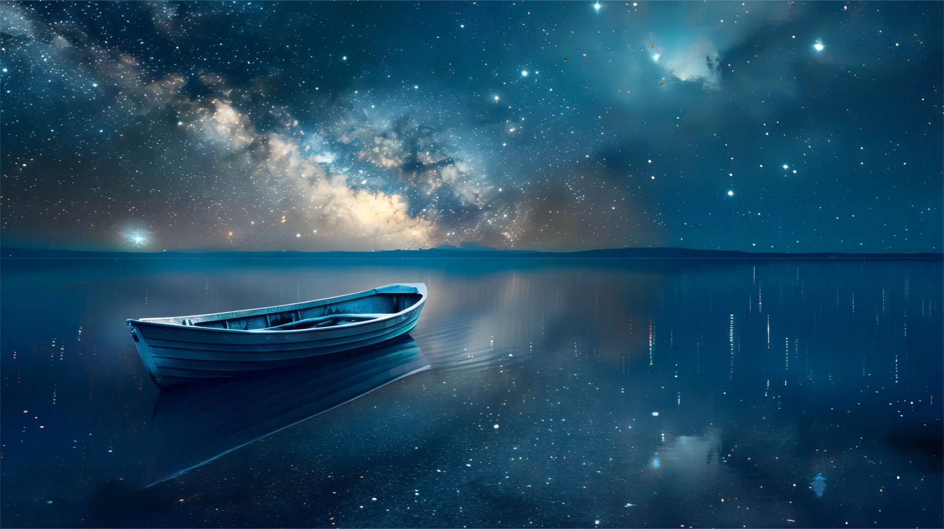 深湖蓝色调的静谧夜景，澄澈夜空布满繁星与横贯的银白银河，如镜面的水面完整倒映整片星光，画面左侧水面上停泊着一艘木质小船。
