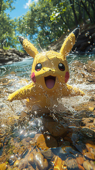 清澈溪流中的比卡超