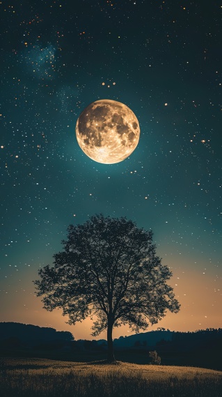 草原圆月孤寂树木