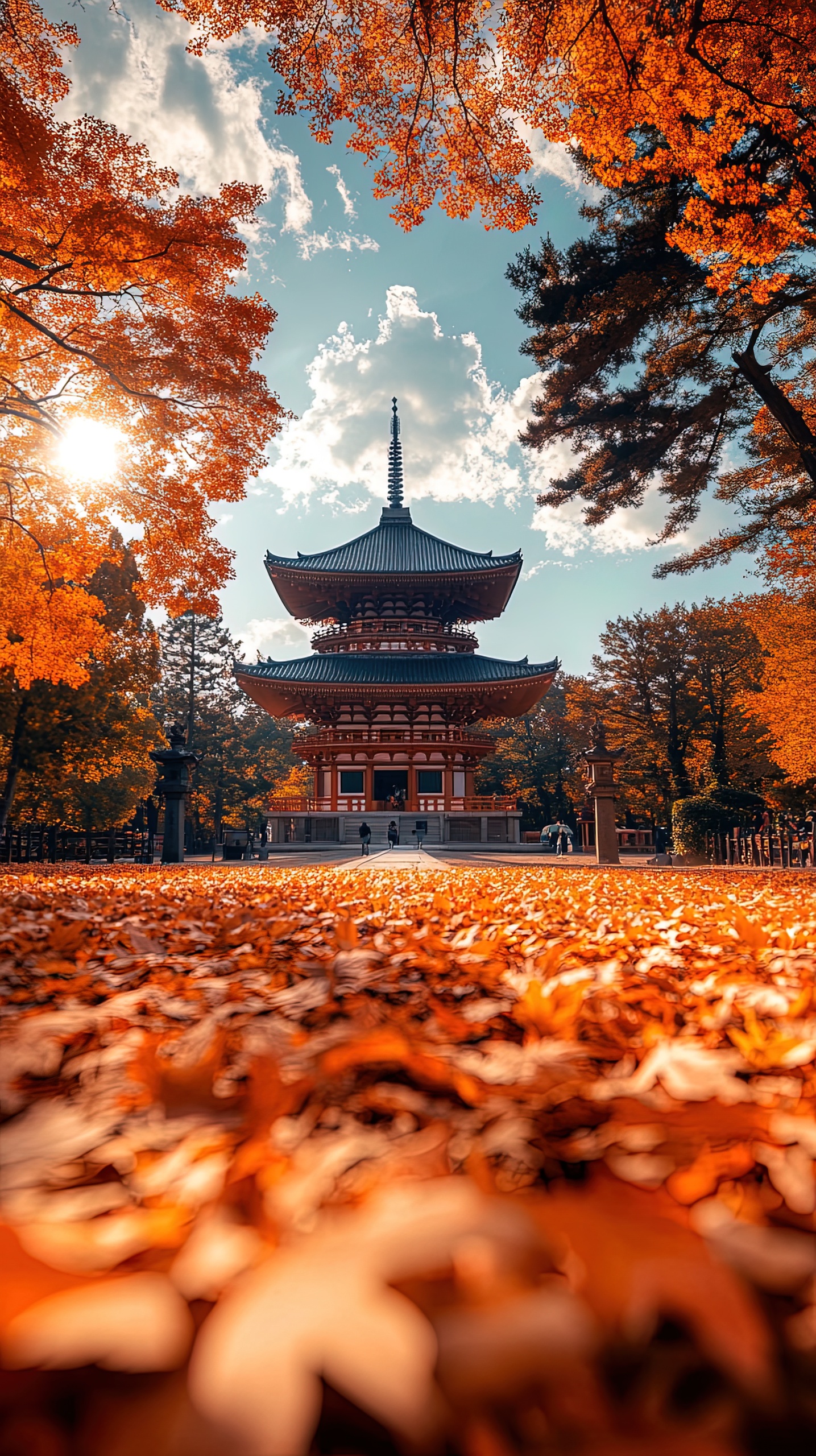 陽光楓葉古風建築