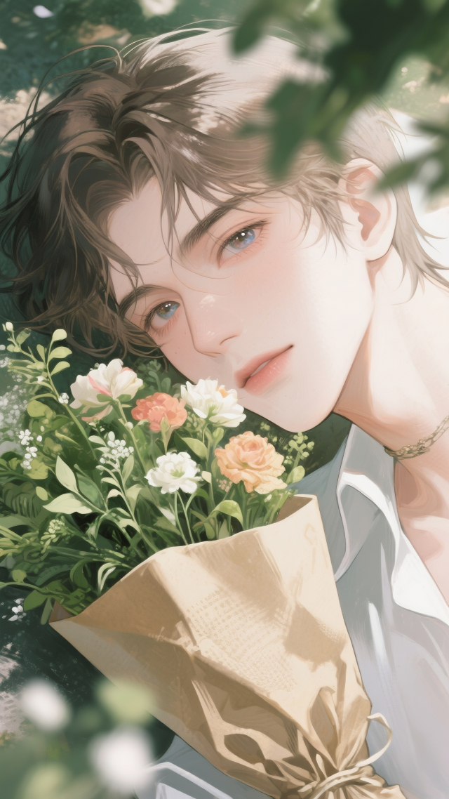 手绘捧花男子