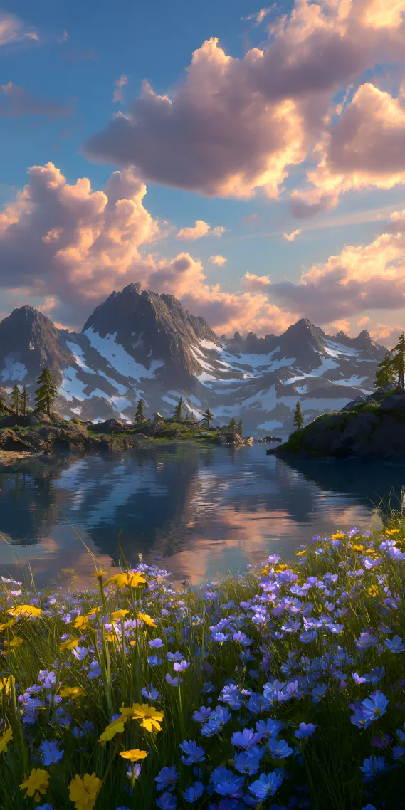 花海吻醒雪山湖