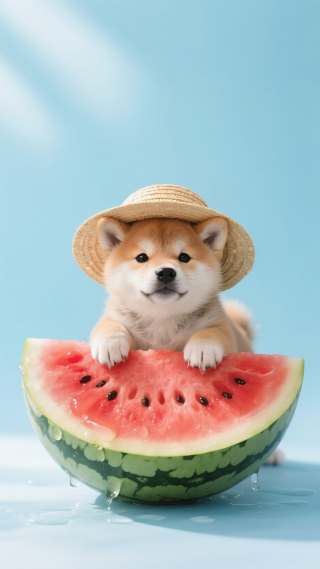 柴犬幼崽趴在西瓜上