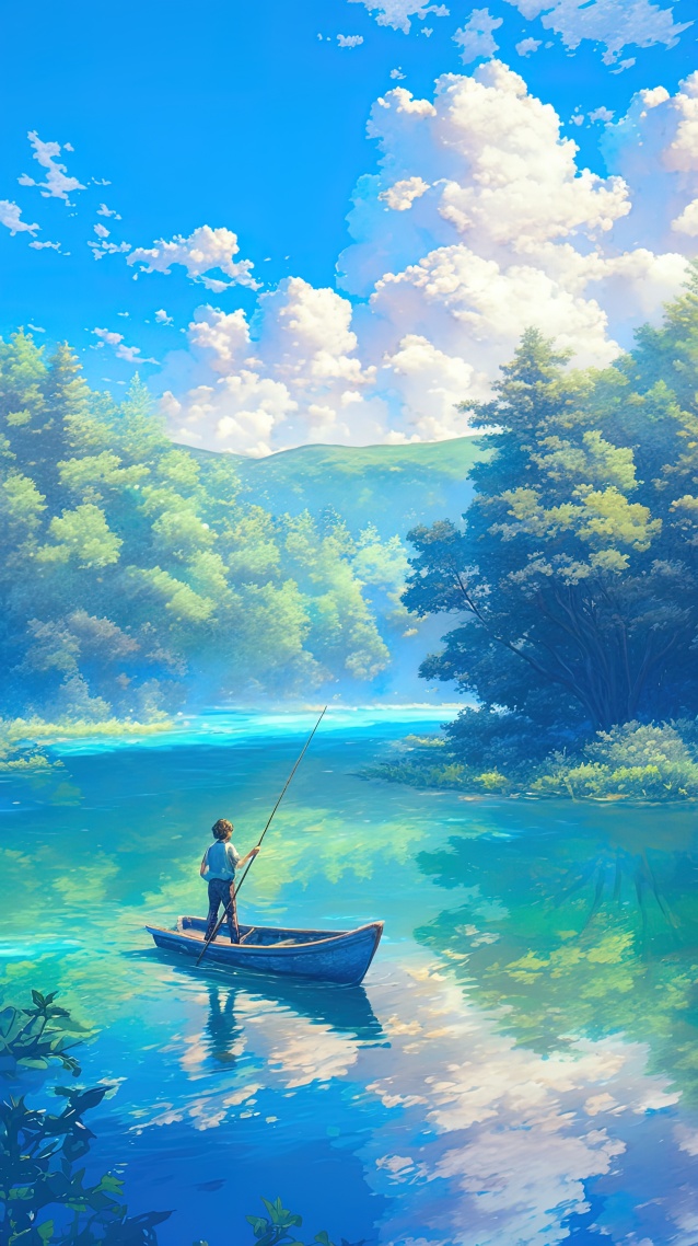 清新治愈河畔泛舟的少年