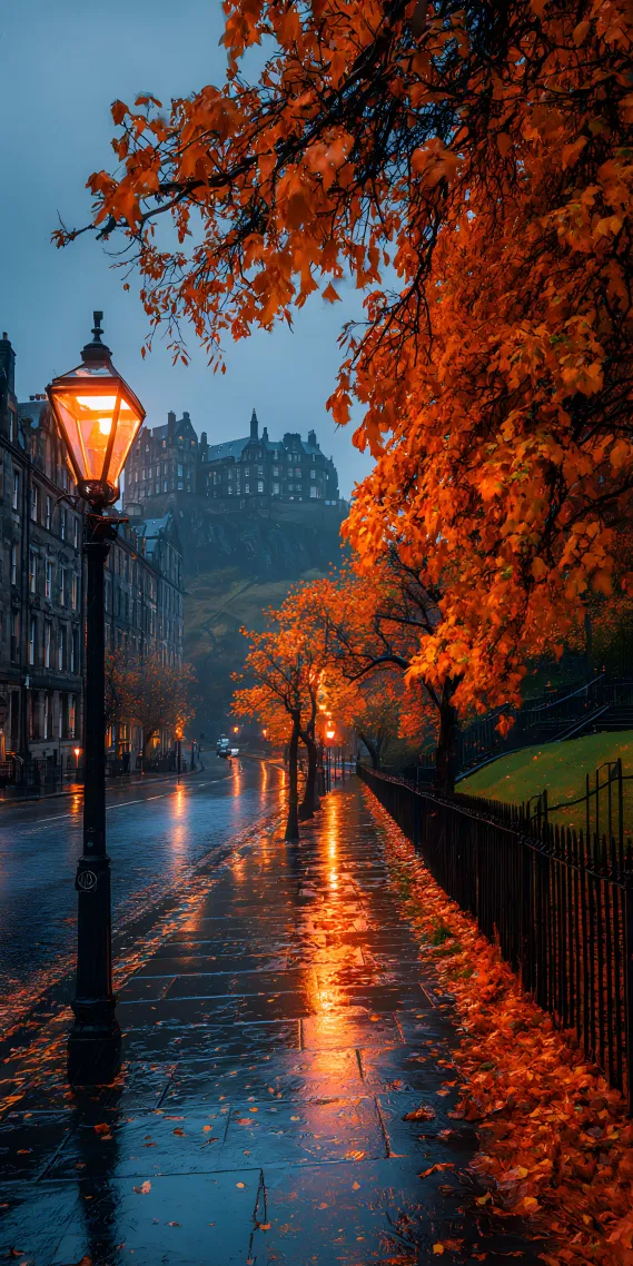 秋雾里的古堡巷，路灯把落叶浸成橘色