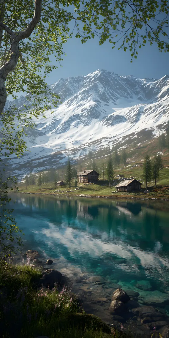 雪山湖畔的静谧小屋