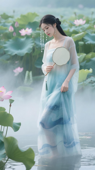 夏日河畔美女赏花