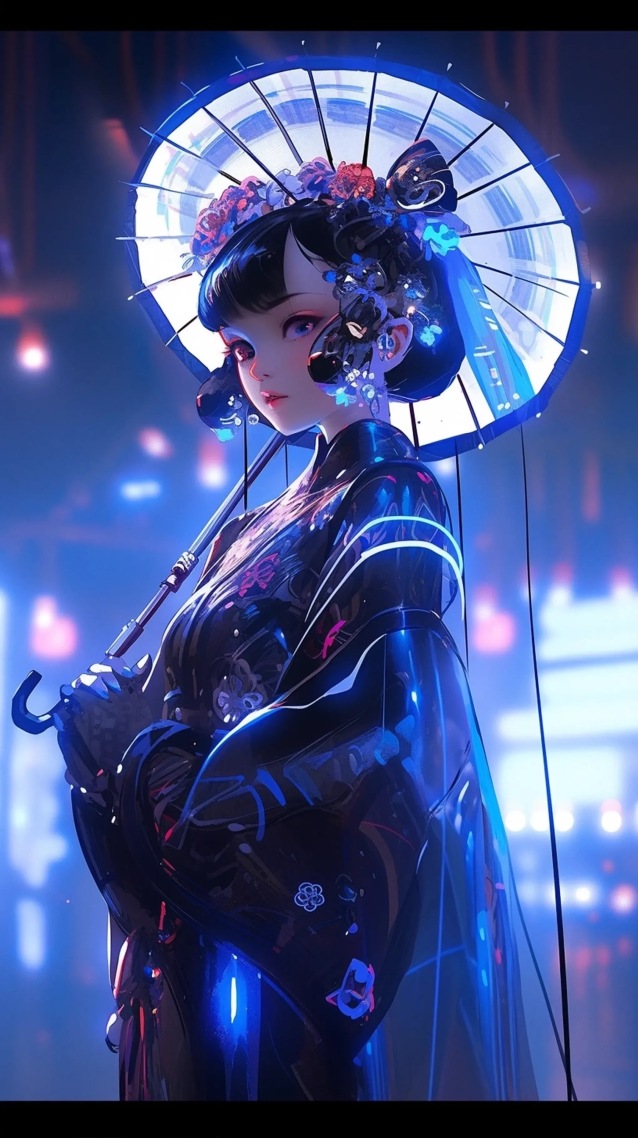 蓝色古风赛博朋克少女