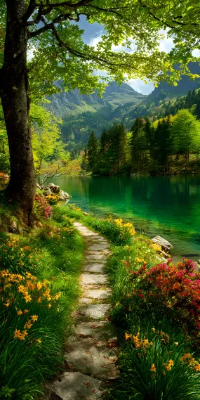 春径引向翡翠湖，被花与绿裹住的山谷