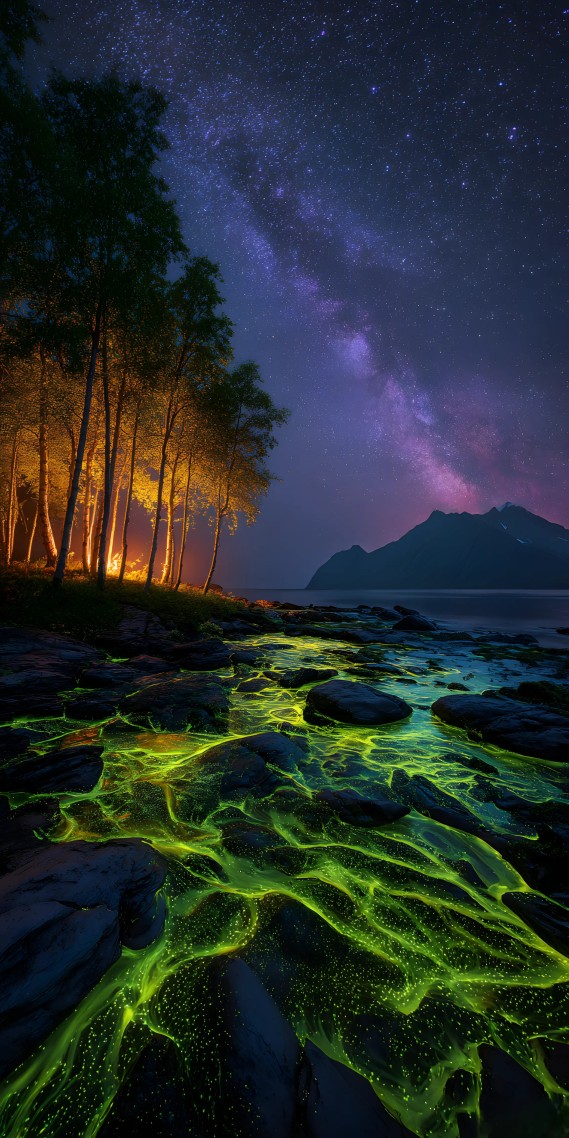 星夜秘境，荧光之河与银河交响