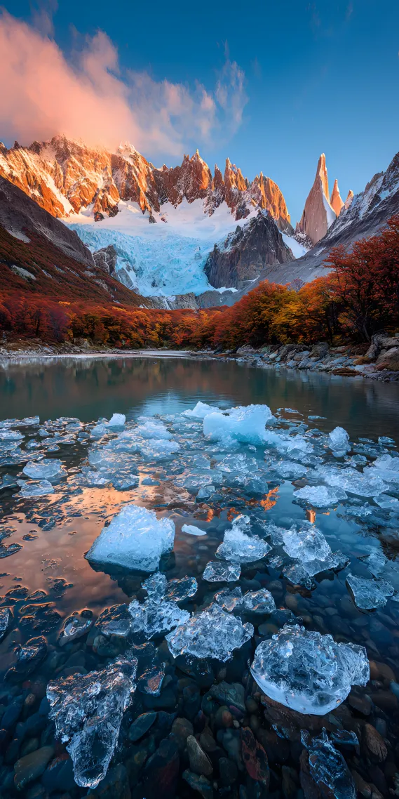 冰湖碎玉，金山燃霞