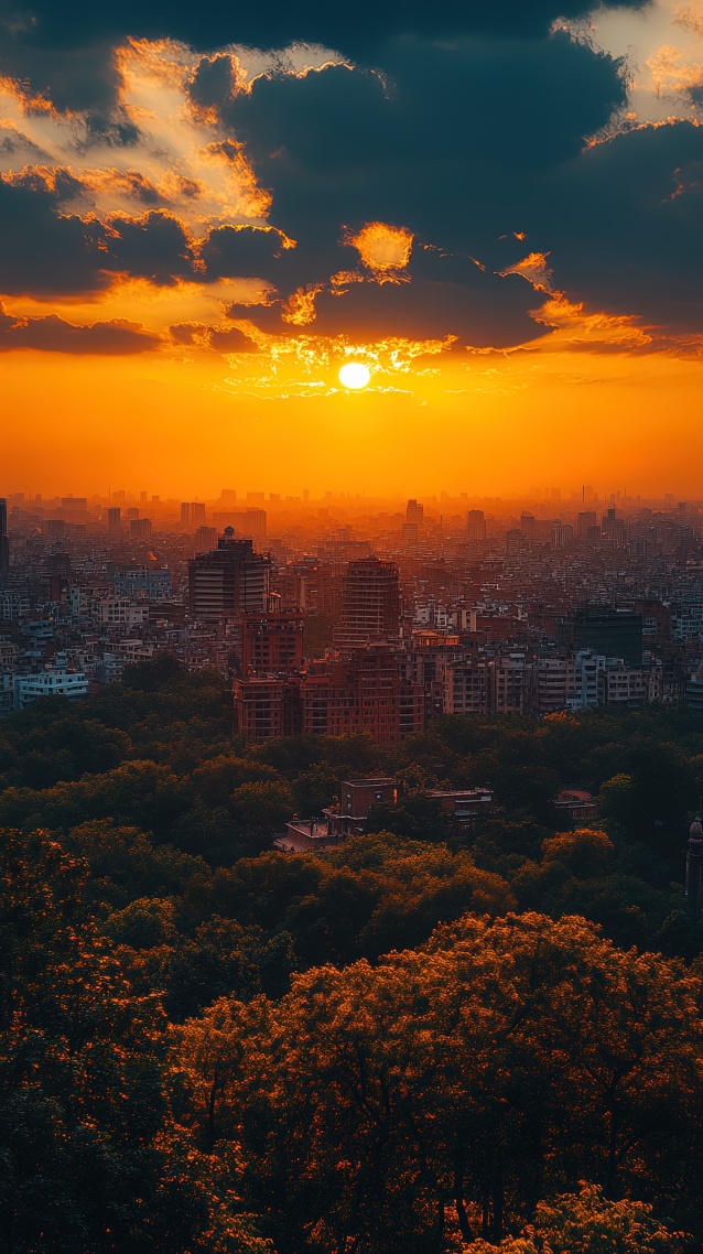 俯瞰晚霞城市天际线