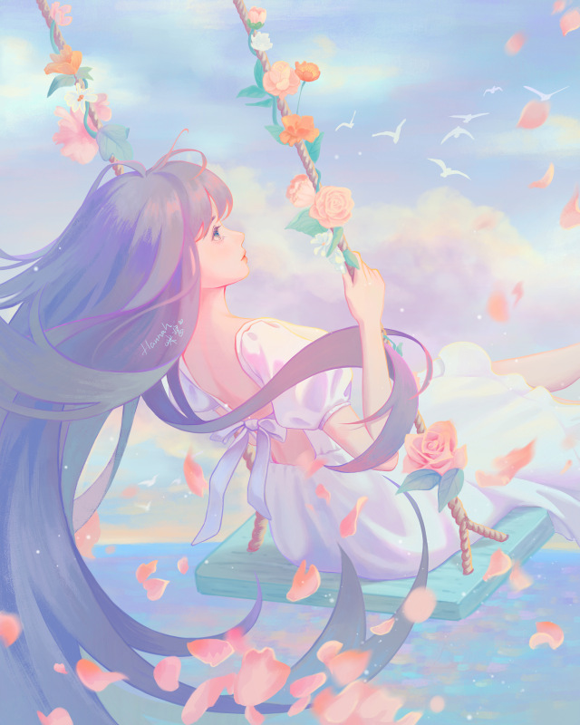 長發飄飄在花叢中盪鞦韆的少女
