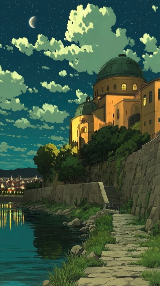 历史古镇河岸夜景