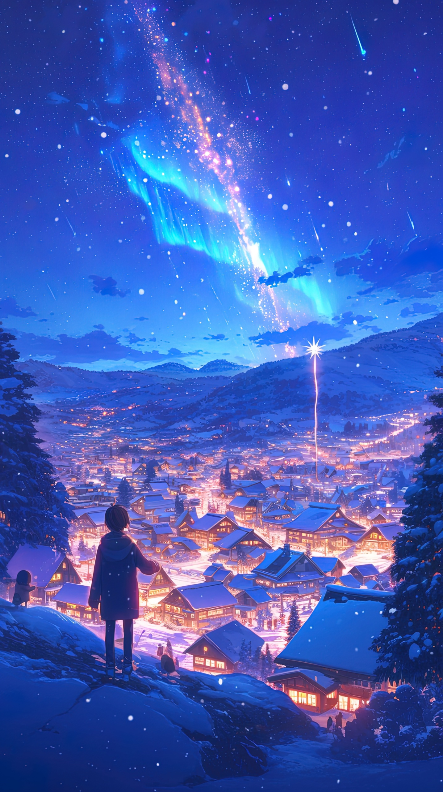 俯瞰雪原极光小镇