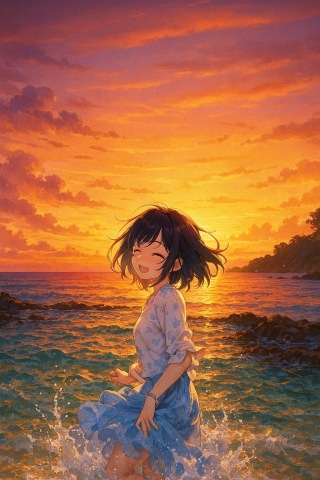 海边夕阳少女