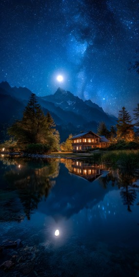 静谧星夜，湖畔小屋的梦幻时光