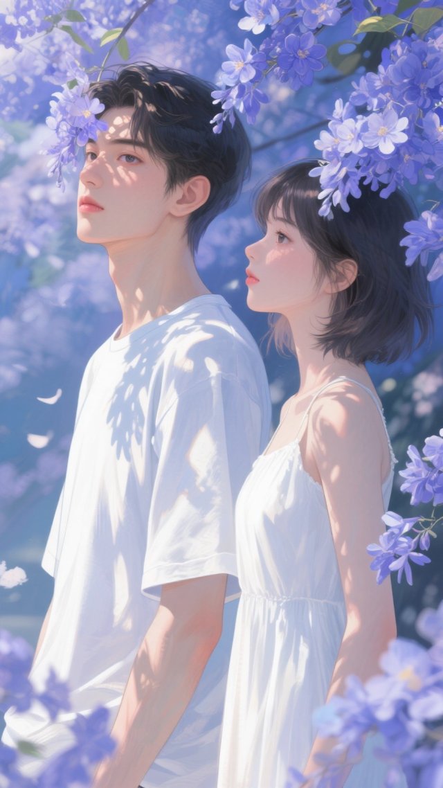紫色花树下情侣
