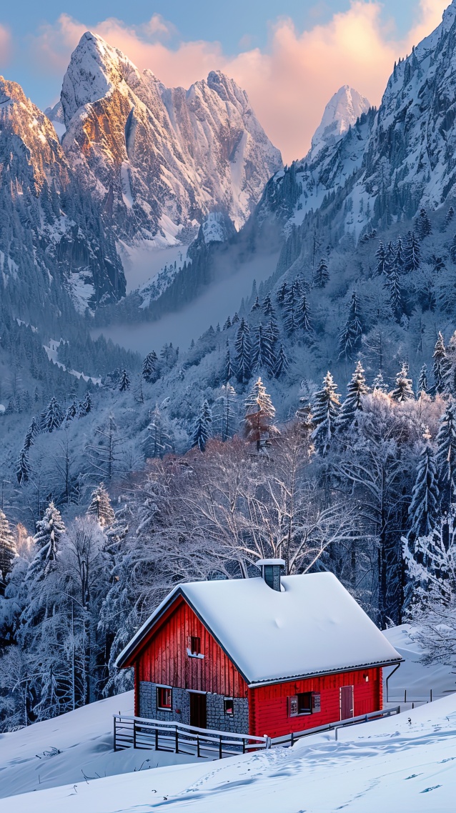 雪天积雪山谷小屋