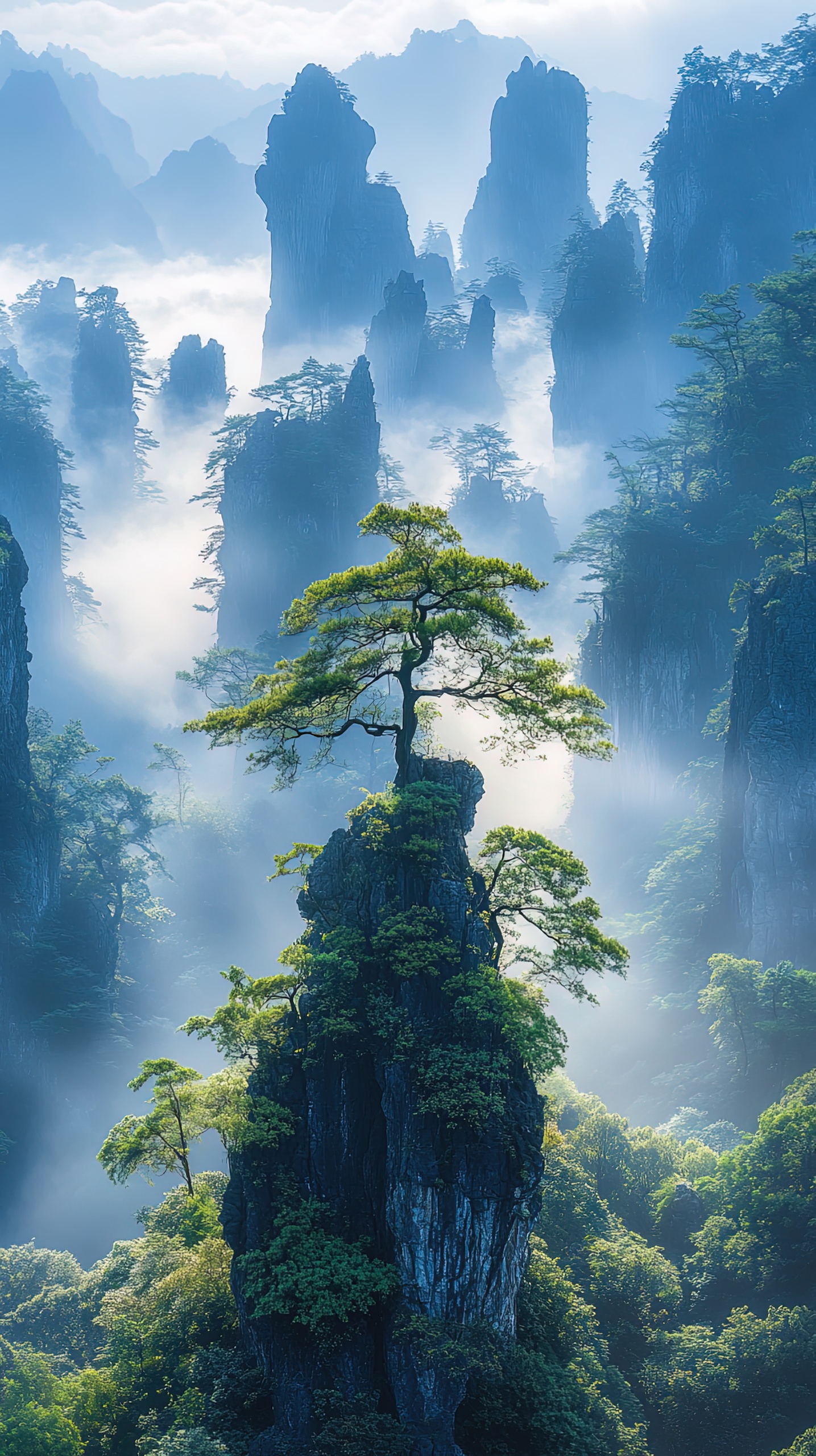 绿色护眼石林山巅孤树