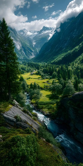 山谷秘境，云绕雪峰，绿野清流