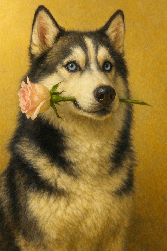 叼着花的哈士奇